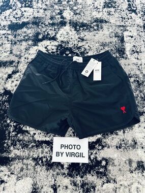Ami De Couer Logo Short Length Black Swim Shorts with Red Heart Logo